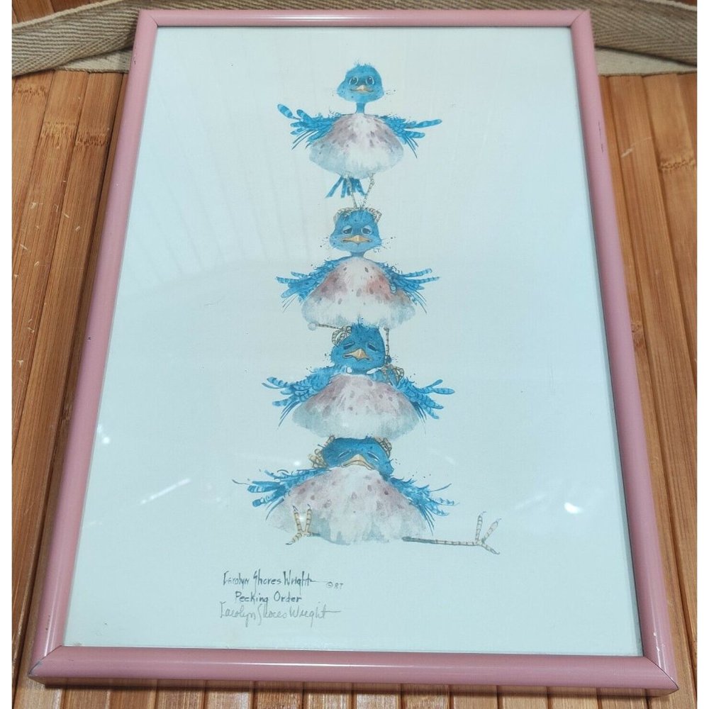 Vtg Carolyn Shores Wright 1987 Pecking Order Birds Signed Framed Art Print 11x8"